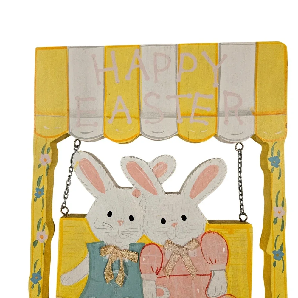 Vintage Happy Easter Wooden Bunny Swing Decor Sign‎ yellow pink studio 11 unique